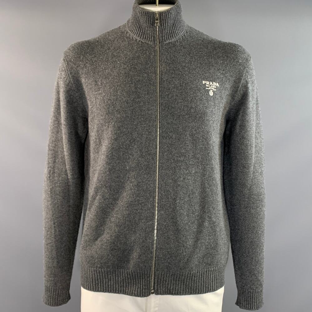 PRADA Size 42 Grey Knitted Cashmere Zip Up Jacket